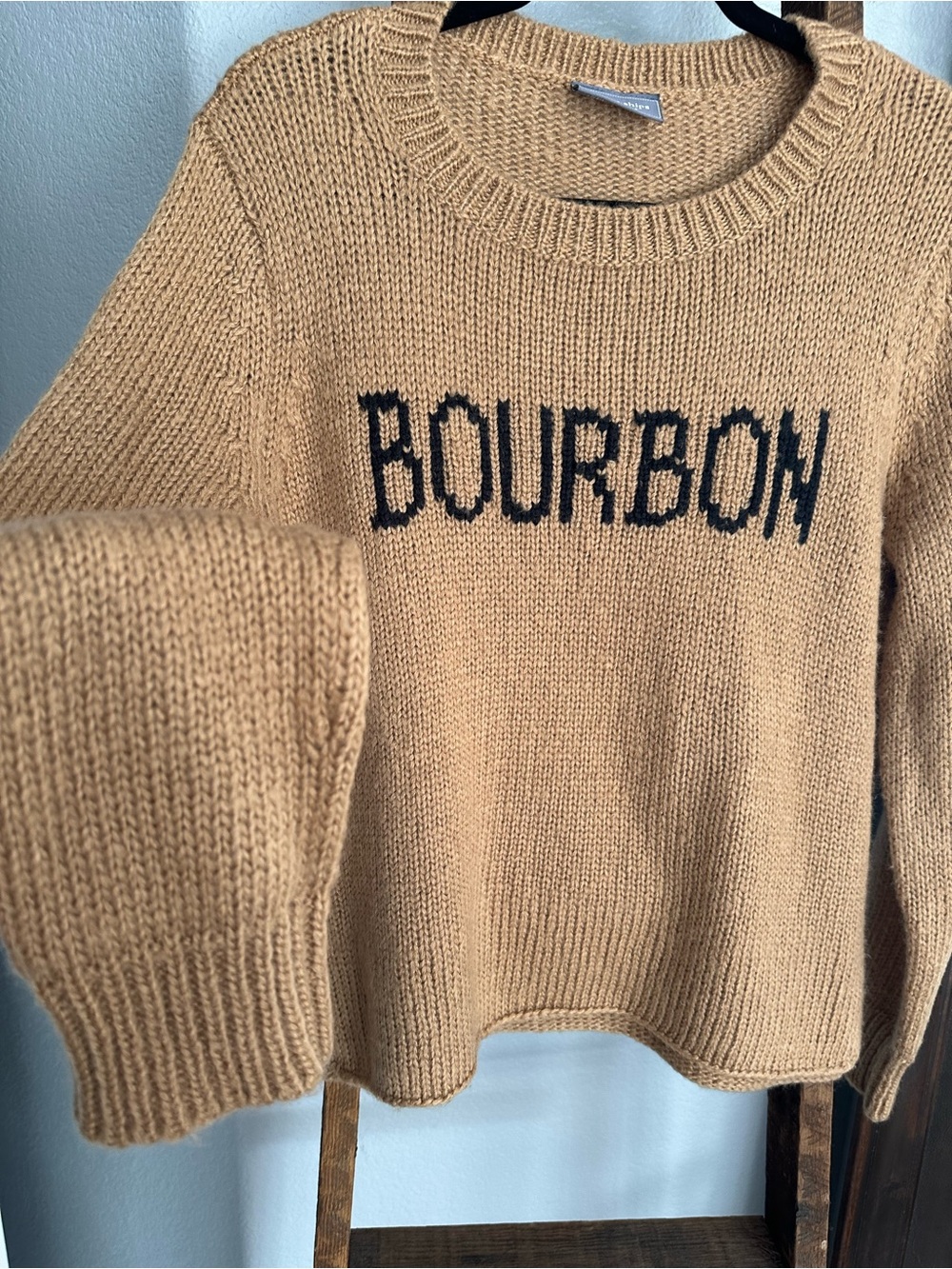 Wooden Ships Camel Crewneck Sweater with Black BOURBON Text size S/M - Picture 5 of 16